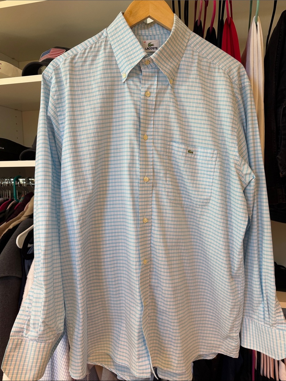Lacoste Blue and White Check Cotton Button-Down Shirt